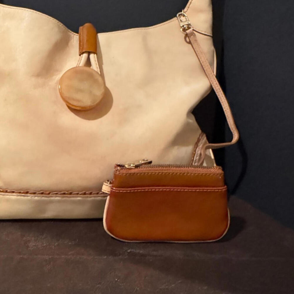 Vintage Tre Vero Smooth Nubuck Handbag Beige small wallet attached 12  x 13 - Picture 8 of 9